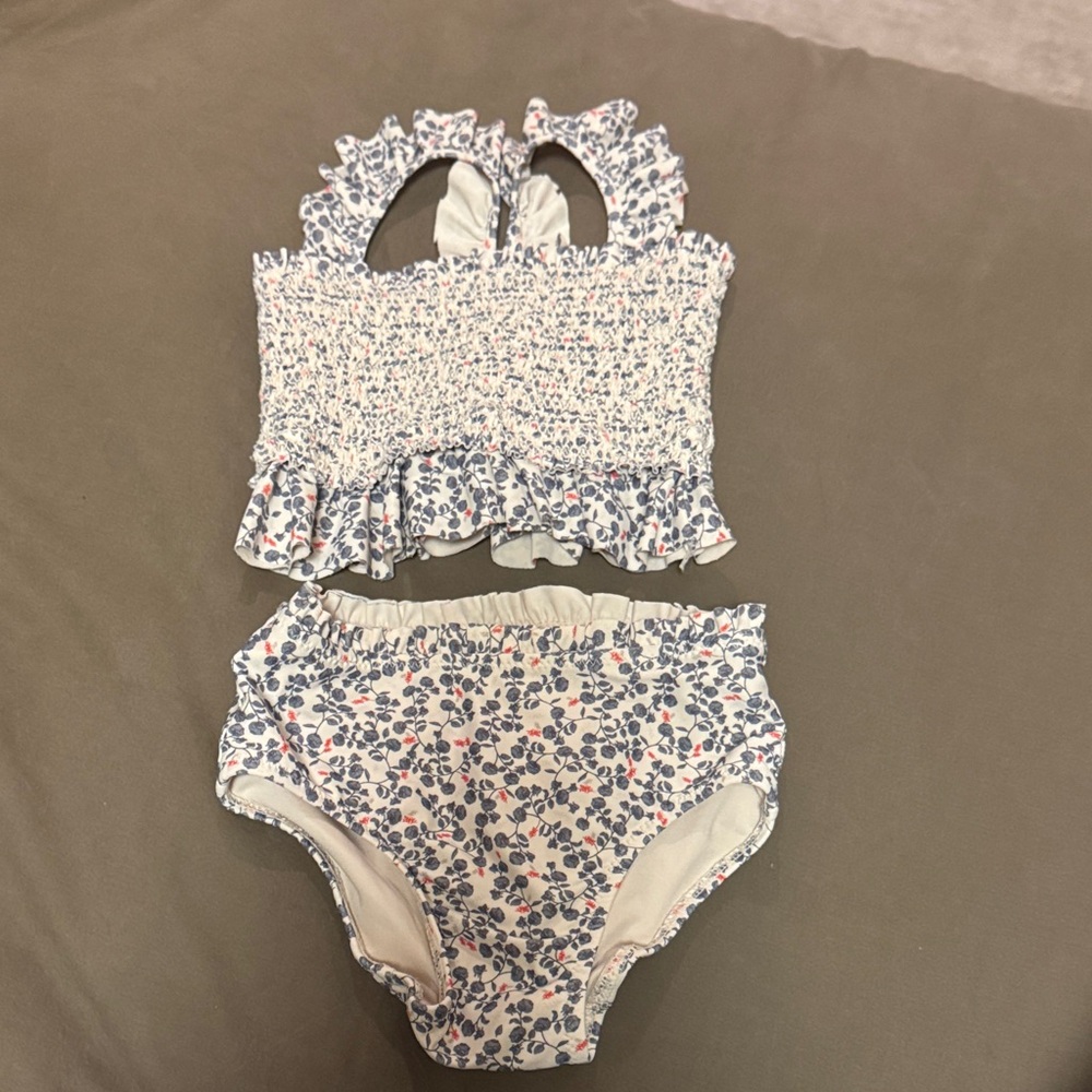 Blue Floral Smocked Swimsuit Set